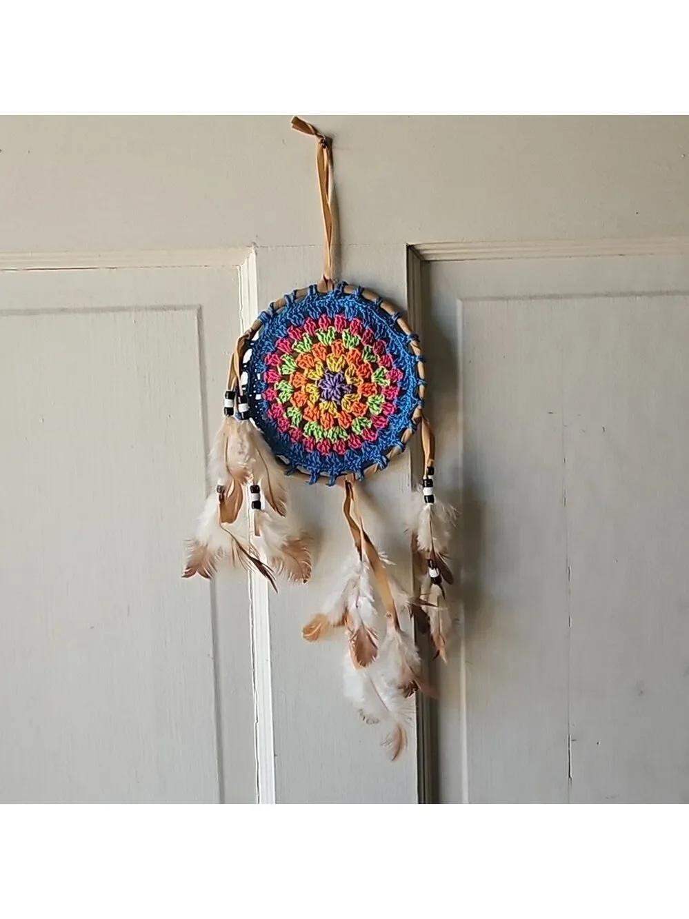 Hand Crafted crochet dreamcatcher multicolored floral eclectic textile decor